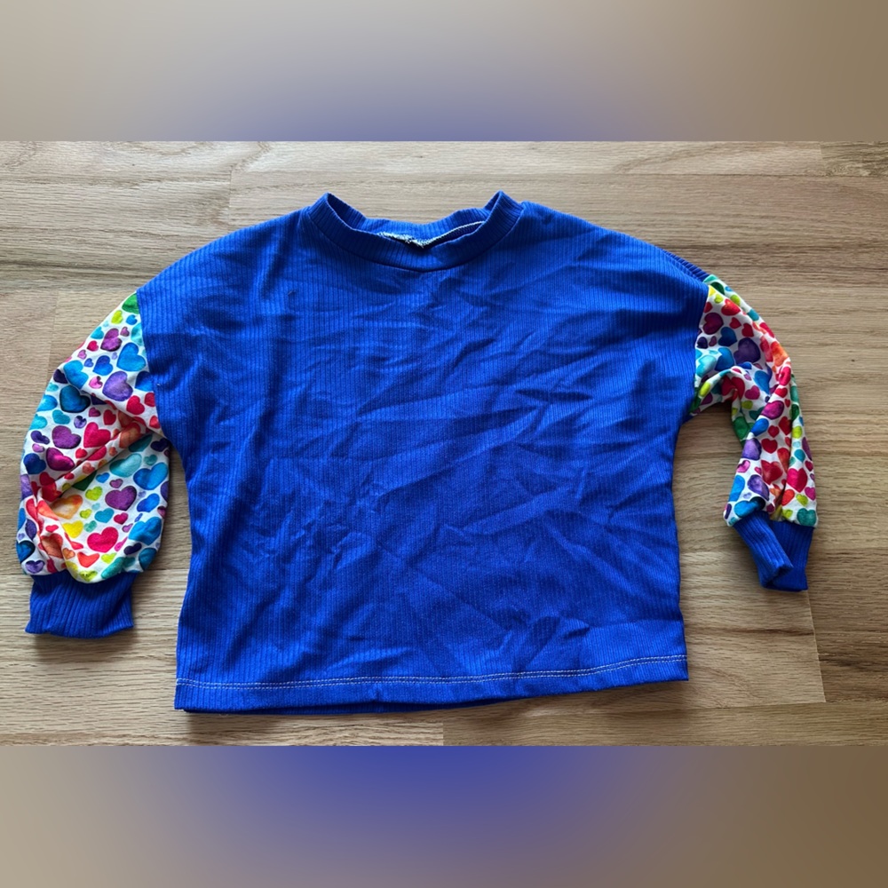 Handmade- Blue Long Sleeve Shirt with Colorful Heart Sleeve